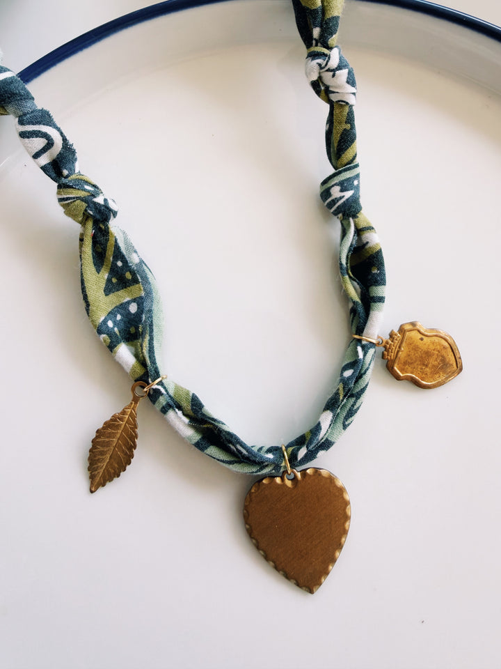 Navy Floral Fabric Necklace with Charms, Blockprint & Bandana
