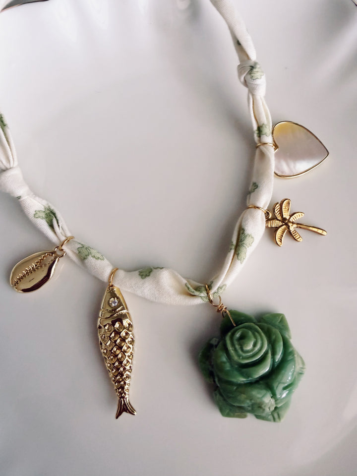 Green Floral Fabric Necklace, Blockprint & Bandana