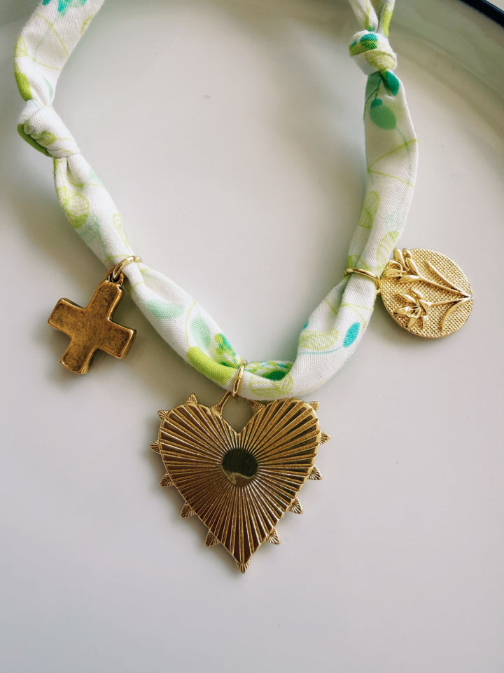 Neon Vintage Fabric Necklace with Charms, Blockprint & Bandana