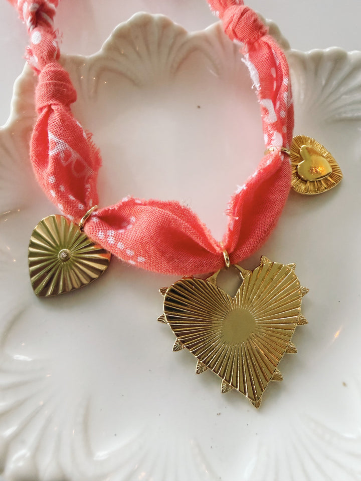 Coral Bandana Necklace with Charms, Blockprint & Bandana