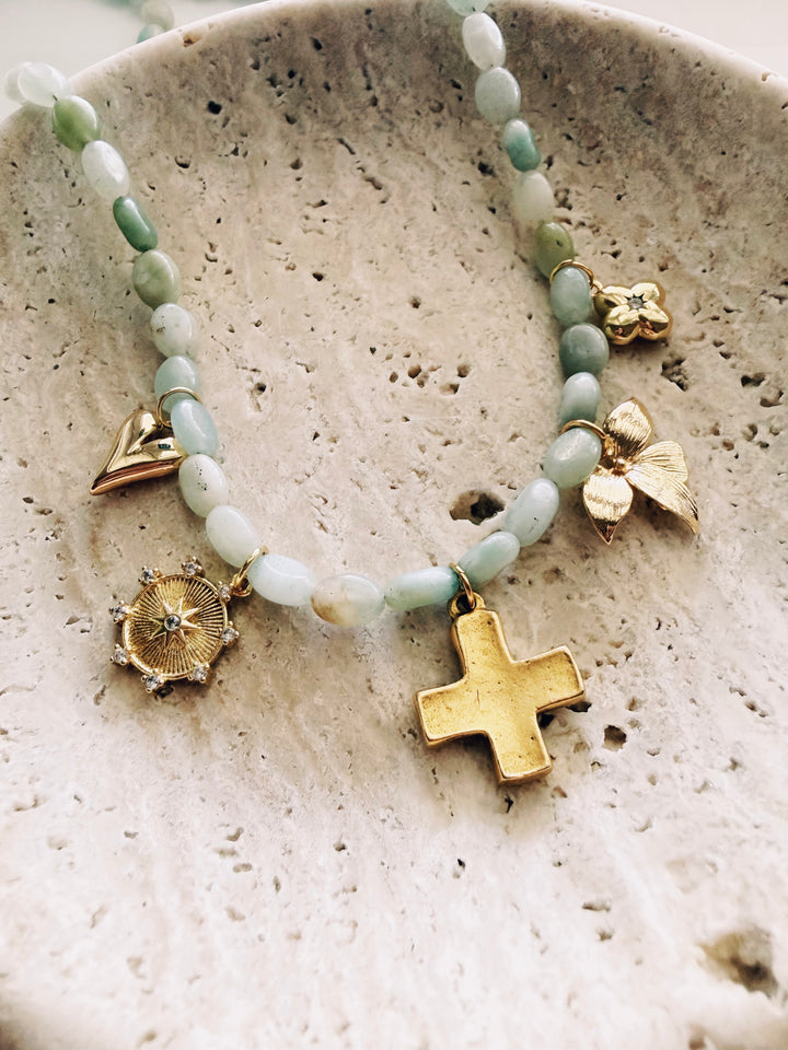Stone Charm Necklace, Vintage Flora
