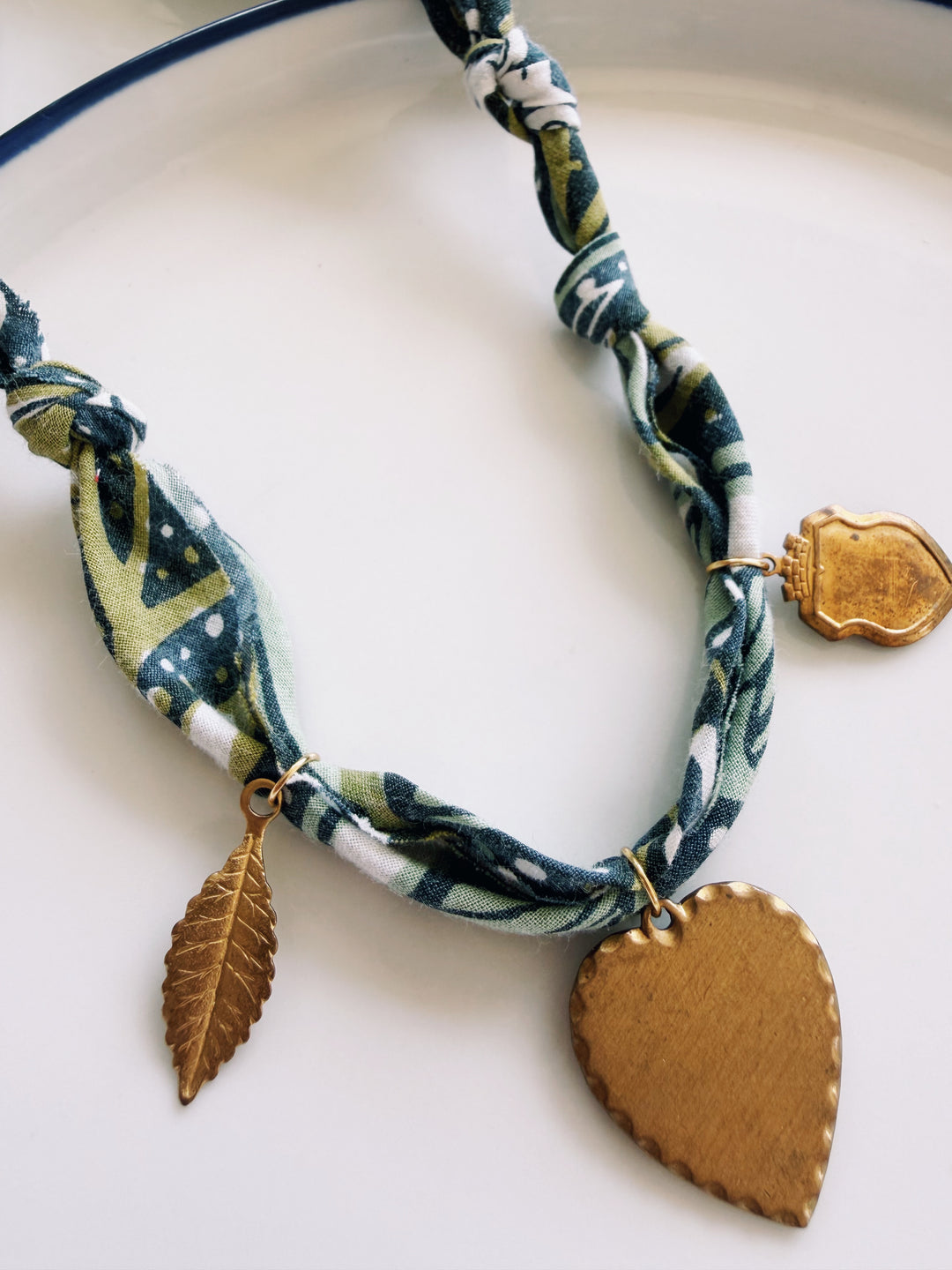 Navy Floral Fabric Necklace with Charms, Blockprint & Bandana