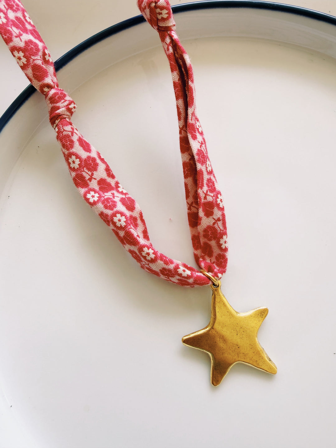 Red Vintage Fabric Necklace, Blockprint & Bandana