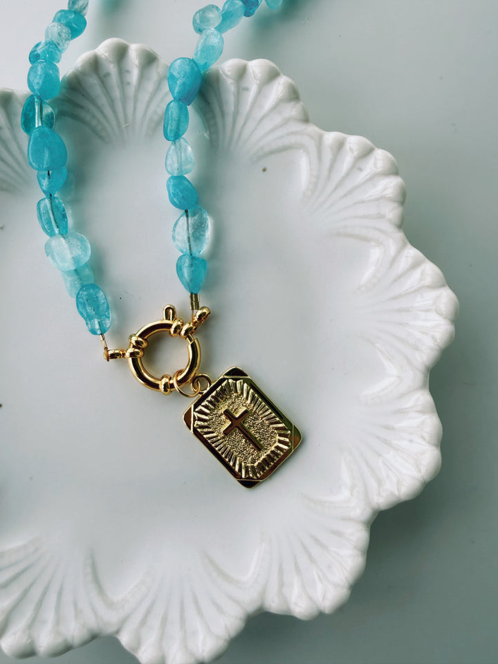 Aquamarine Cross Necklace, Birthday Collection