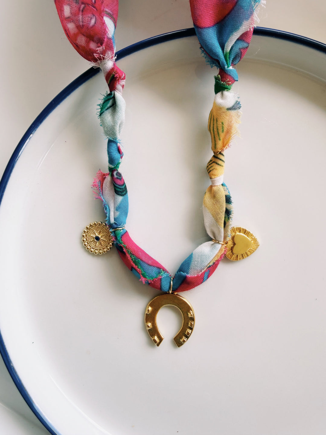 Bright Fabric Necklace with Charms, Blockprint & Bandana