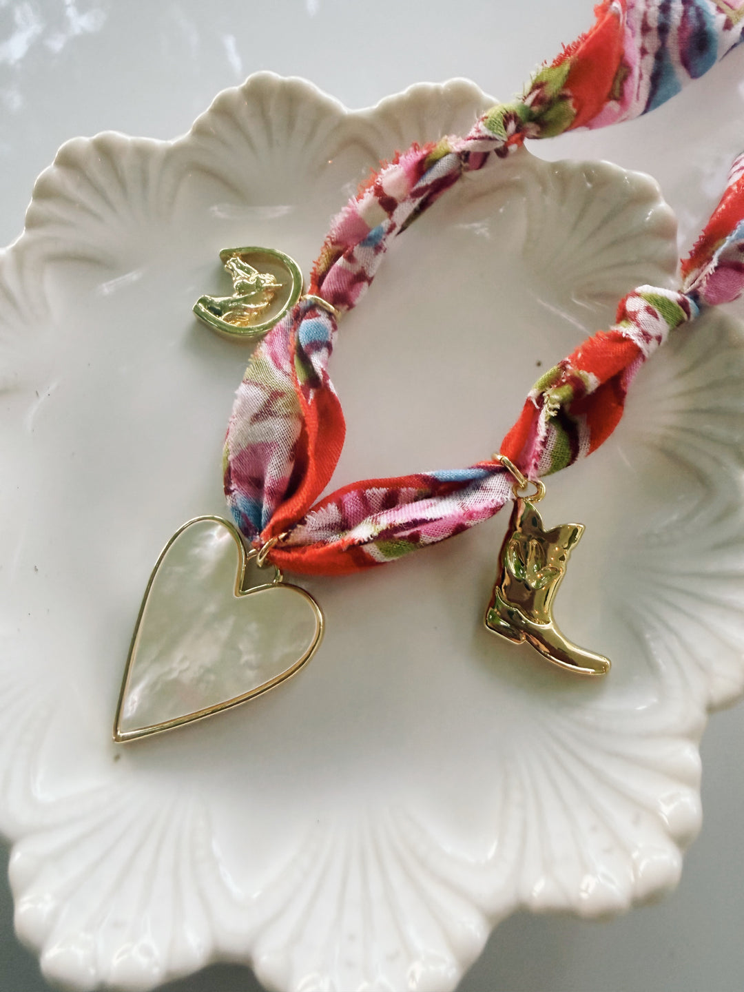 Red Floral Fabric Necklace with Charms, Blockprint & Bandana