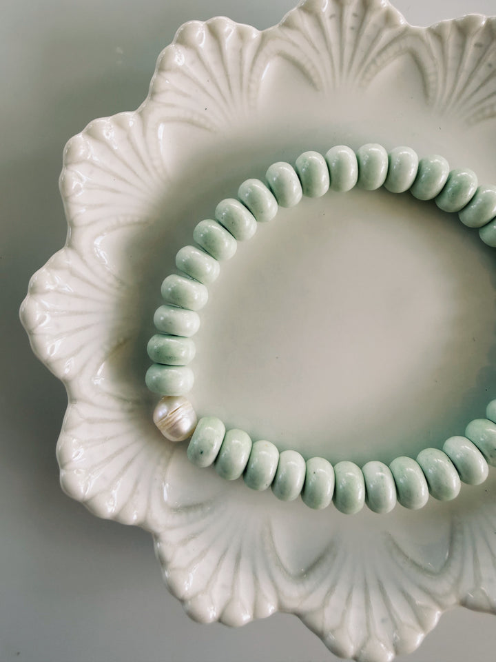 Aqua Gemstone + Glass Bracelets, Pearls