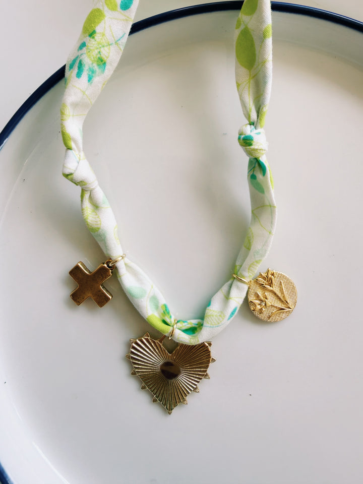 Neon Vintage Fabric Necklace with Charms, Blockprint & Bandana