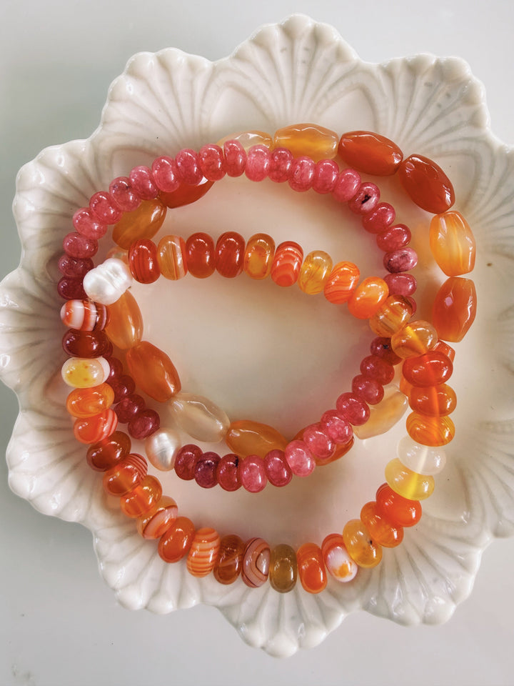 Red + Orange Gemstone Bracelets, Pearls