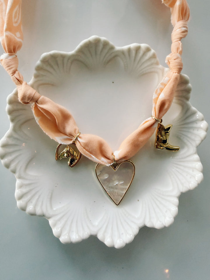 Peach Bandana Necklace with Charms, Blockprint & Bandana