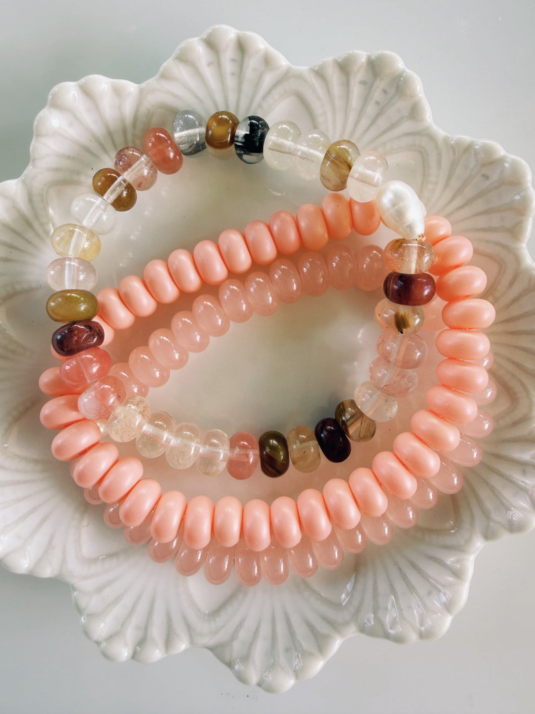 Pink Gemstone + Glass Bracelets, Pearls