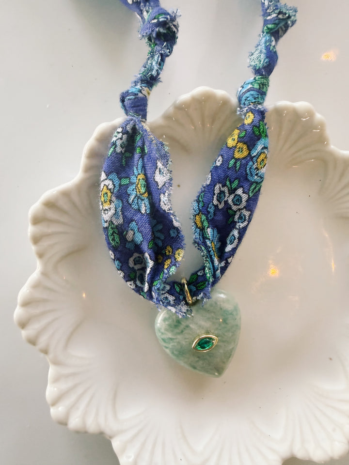 Gemstone Heart Fabric Necklace, Blockprint & Bandana