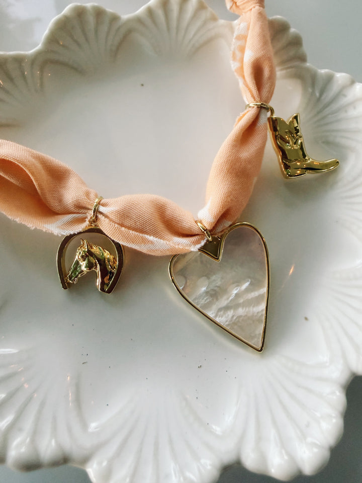 Peach Bandana Necklace with Charms, Blockprint & Bandana