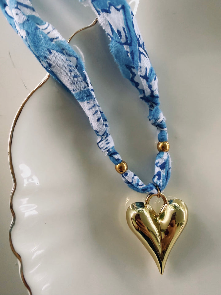 Cornflower Fabric Necklace, Blockprint & Bandana