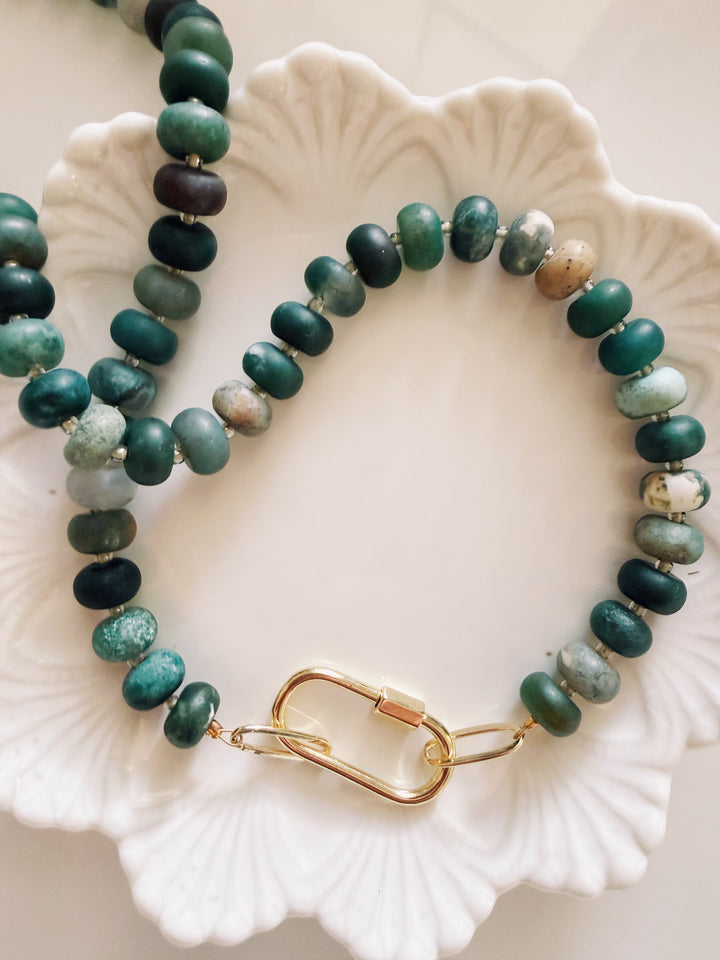 Matte Evergreen Stone Necklace, Vintage Flora