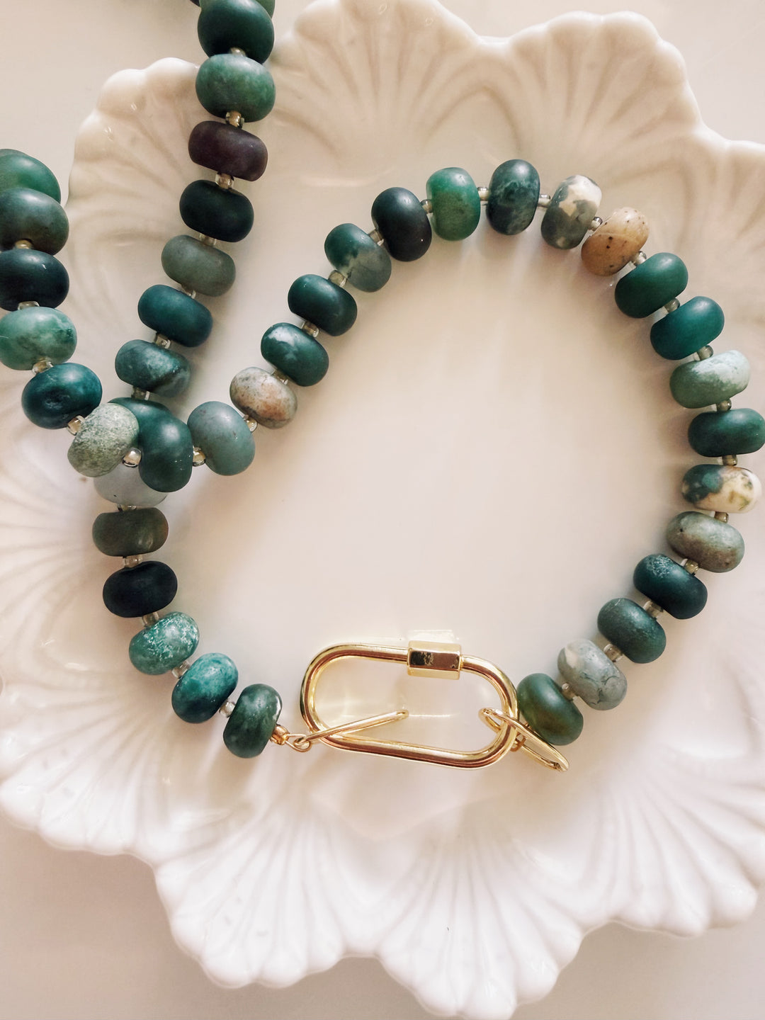 Matte Evergreen Stone Necklace, Vintage Flora