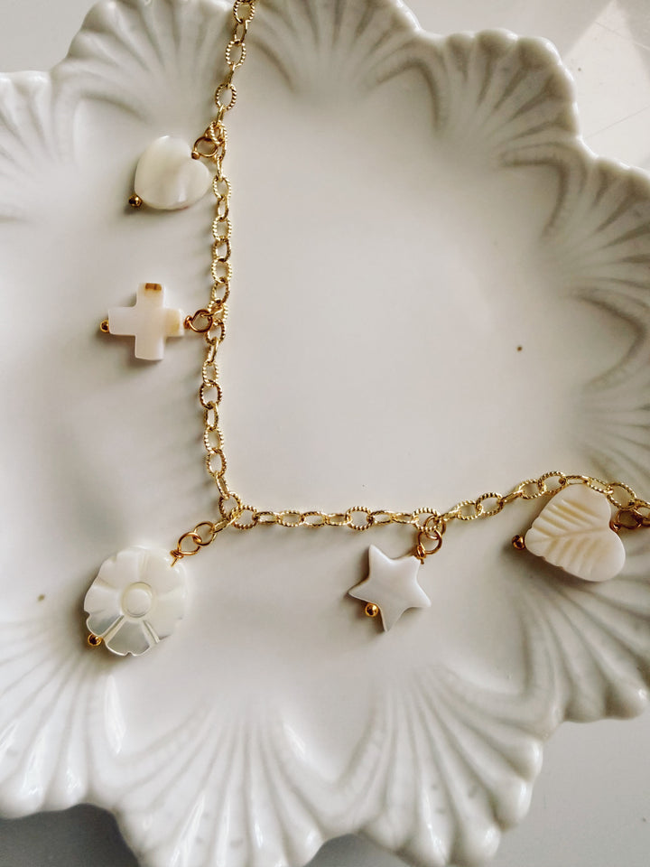 Mother of Pearl Charm Necklace, Vintage Flora