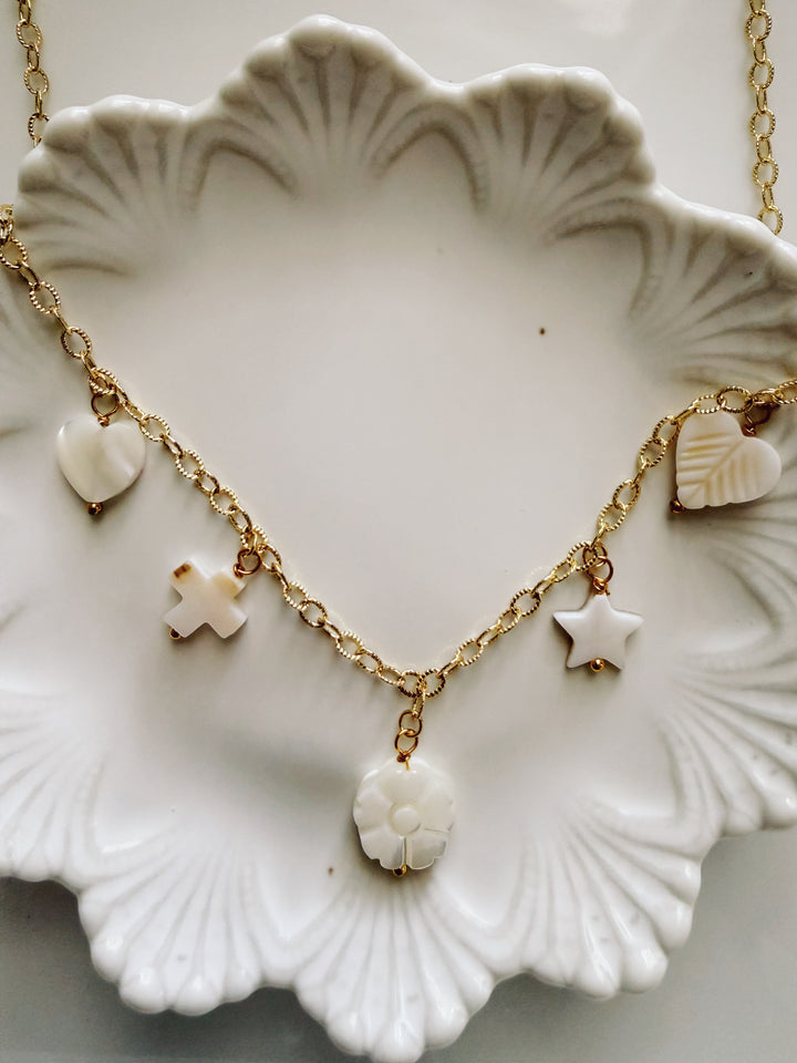 Mother of Pearl Charm Necklace, Vintage Flora