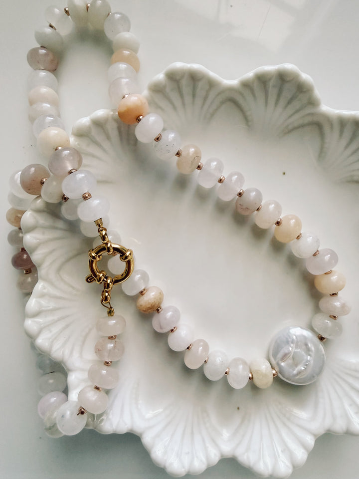 Button Pearl Necklace, Vintage Flora