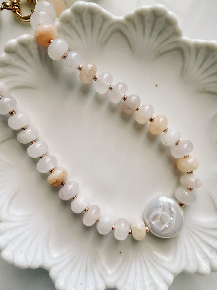 Button Pearl Necklace, Vintage Flora