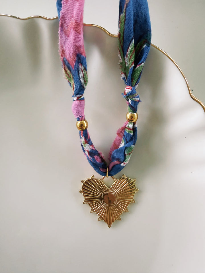 Navy Floral Fabric Necklace, Blockprint & Bandana