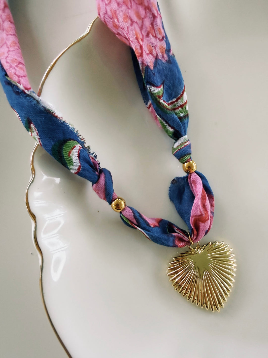 Navy Floral Fabric Necklace, Blockprint & Bandana