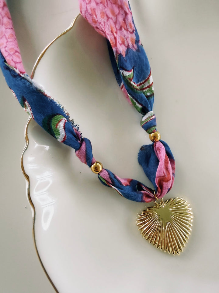 Navy Floral Fabric Necklace, Blockprint & Bandana